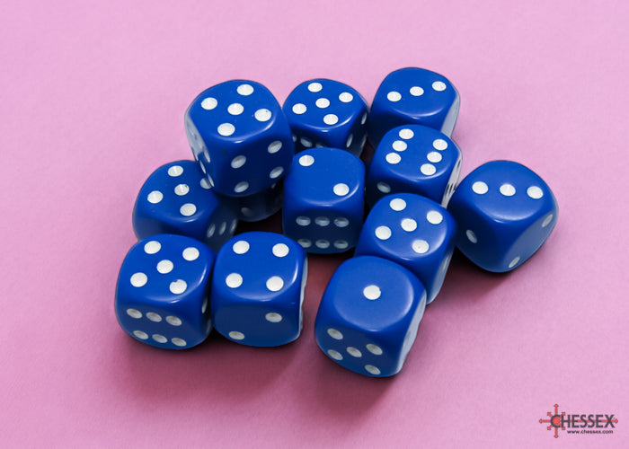 Chessex: Blue/White Opaque 16mm d6 Dice Block ( 12 Dice)- Dice Set