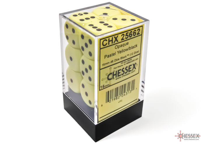 Chessex: Pastel Yellow/Black Opaque 16mm d6 Dice Block ( 12 Dice)- Dice Set