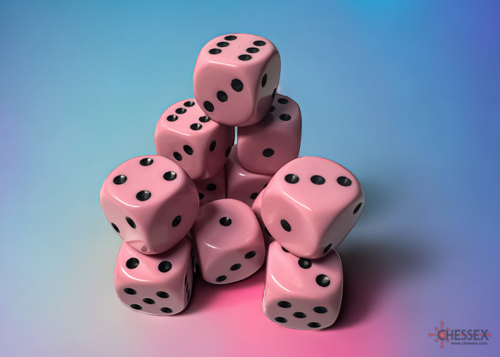Chessex: Pastel Pink/Black Opaque 16mm d6 Dice Block ( 12 Dice)- Dice Set