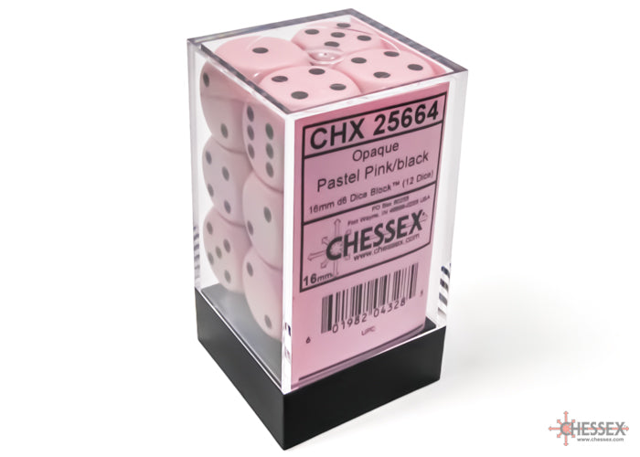 Chessex: Pastel Pink/Black Opaque 16mm d6 Dice Block ( 12 Dice)- Dice Set