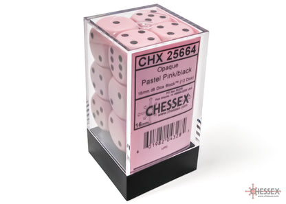 Chessex: Pastel Pink/Black Opaque 16mm d6 Dice Block ( 12 Dice)- Dice Set