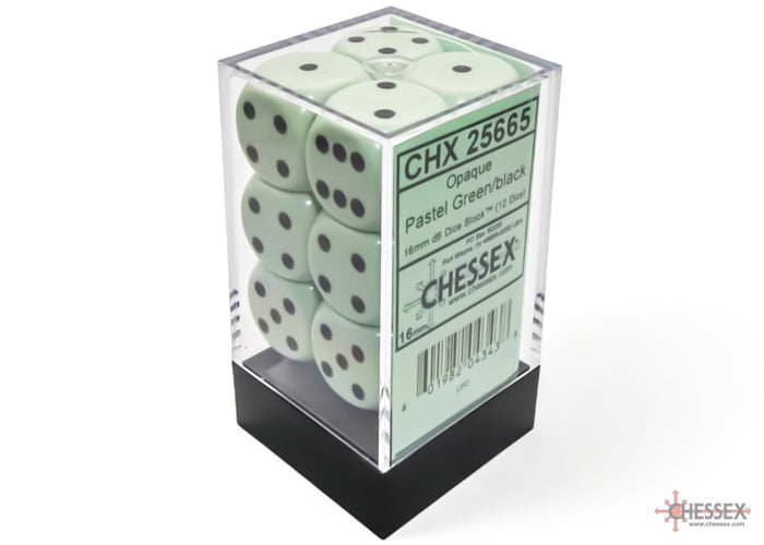 Chessex: Pastel Green/Black Opaque 16mm d6 Dice Block ( 12 Dice)- Dice Set
