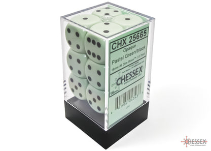 Chessex: Pastel Green/Black Opaque 16mm d6 Dice Block ( 12 Dice)- Dice Set