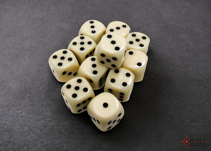 Chessex: Ivory/Black Opaque 16mm d6 Dice Block ( 12 Dice)- Dice Set