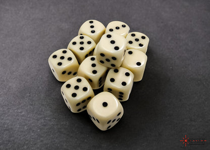 Chessex: Ivory/Black Opaque 16mm d6 Dice Block ( 12 Dice)- Dice Set