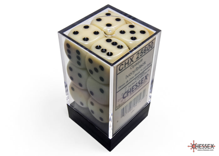 Chessex: Ivory/Black Opaque 16mm d6 Dice Block ( 12 Dice)- Dice Set