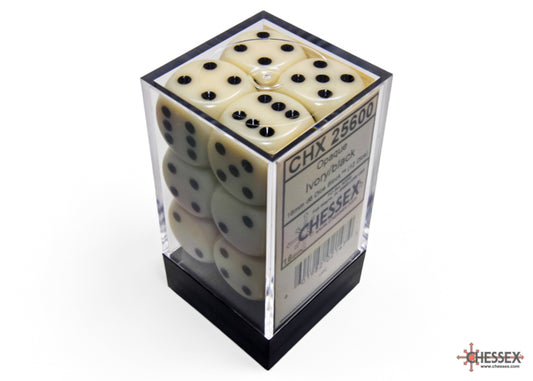Chessex: Ivory/Black Opaque 16mm d6 Dice Block ( 12 Dice)- Dice Set