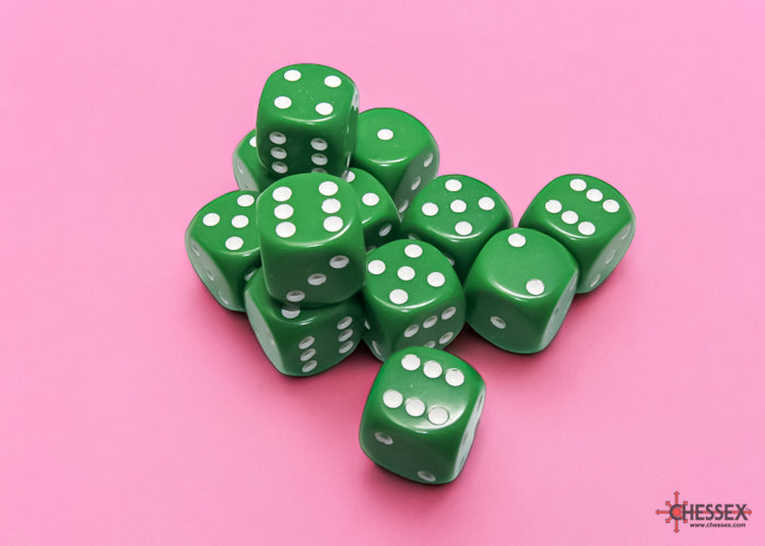 Chessex: Green/White Opaque 16mm d6 Dice Block ( 12 Dice)- Dice Set