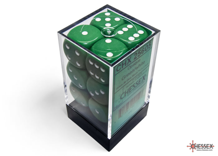 Chessex: Green/White Opaque 16mm d6 Dice Block ( 12 Dice)- Dice Set