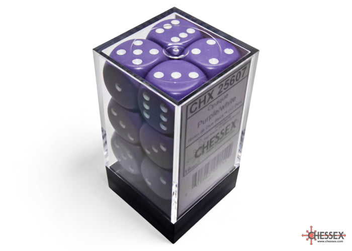 Chessex: Purple/White Opaque 16mm d6 Dice Block ( 12 Dice)- Dice Set