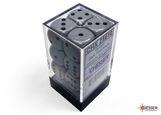 Chessex: Dark Grey/Black Opaque 16mm d6 Dice Block ( 12 Dice)- Dice Set