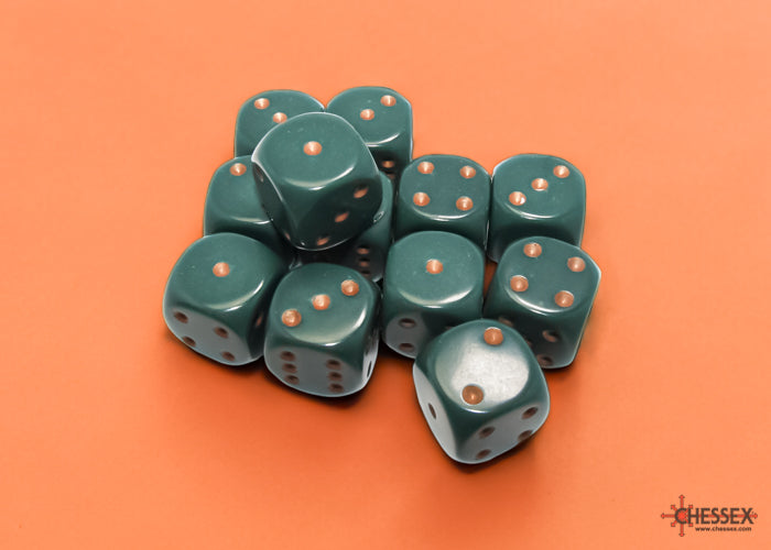 Chessex: Dusty Green/ Copper Opaque 16mm d6 Dice Block ( 12 Dice)- Dice Set