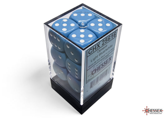 Chessex: Light Blue/ White Opaque 16mm d6 Dice Block ( 12 Dice)- Dice Set