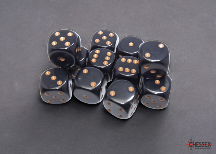 Chessex: Black/Gold Opaque 16mm d6 Dice Block ( 12 Dice)- Dice Set