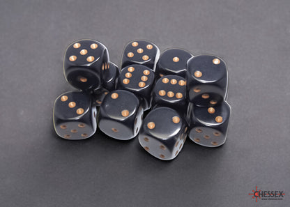 Chessex: Black/Gold Opaque 16mm d6 Dice Block ( 12 Dice)- Dice Set