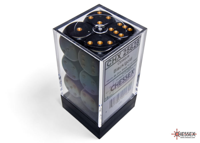 Chessex: Black/Gold Opaque 16mm d6 Dice Block ( 12 Dice)- Dice Set