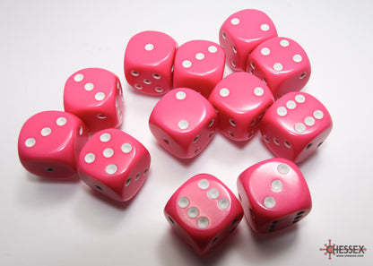 Chessex: Pink/White Opaque 16mm d6 Dice Block ( 12 Dice)- Dice Set