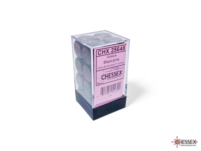 Chessex: Black/Pink Opaque 16mm d6 Dice Block ( 12 Dice)- Dice Set