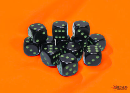 Chessex: Black/Green Opaque 16mm d6 Dice Block ( 12 Dice)- Dice Set