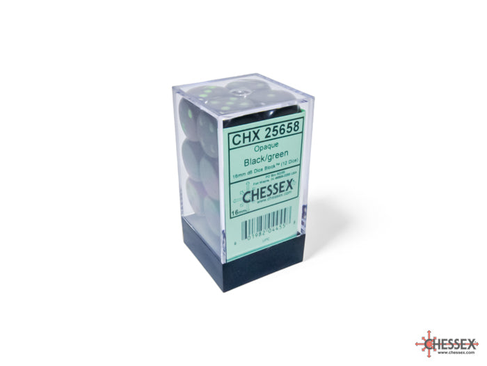 Chessex: Black/Green Opaque 16mm d6 Dice Block ( 12 Dice)- Dice Set