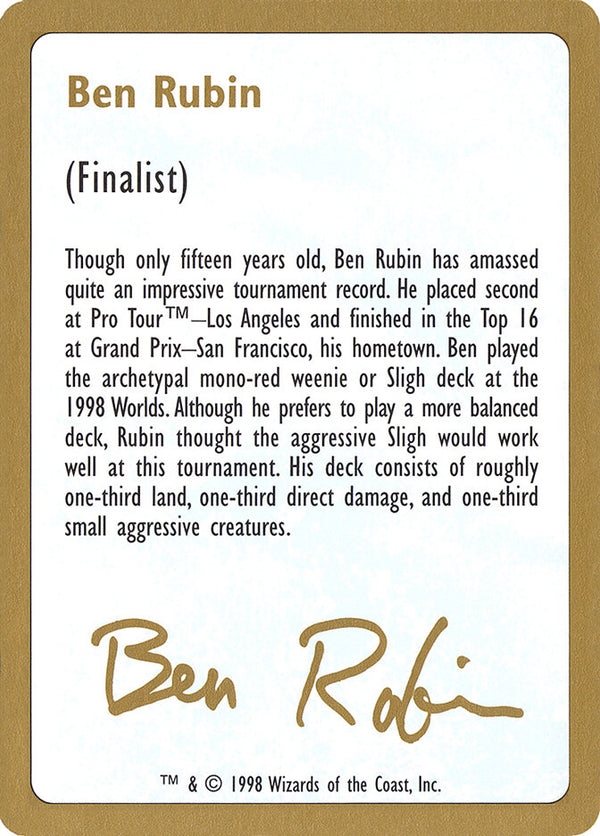 1998 Ben Rubin Biography Card - Magic: The Gathering