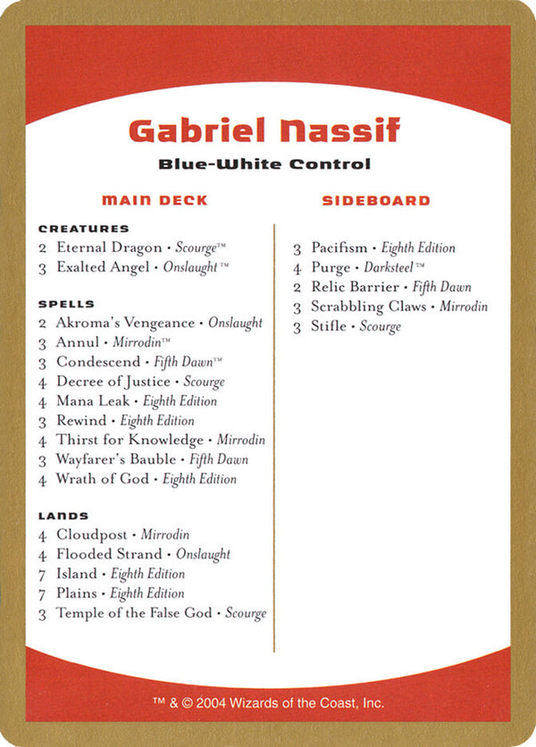 2004 Gabriel Nassif Decklist Card - Magic: The Gathering