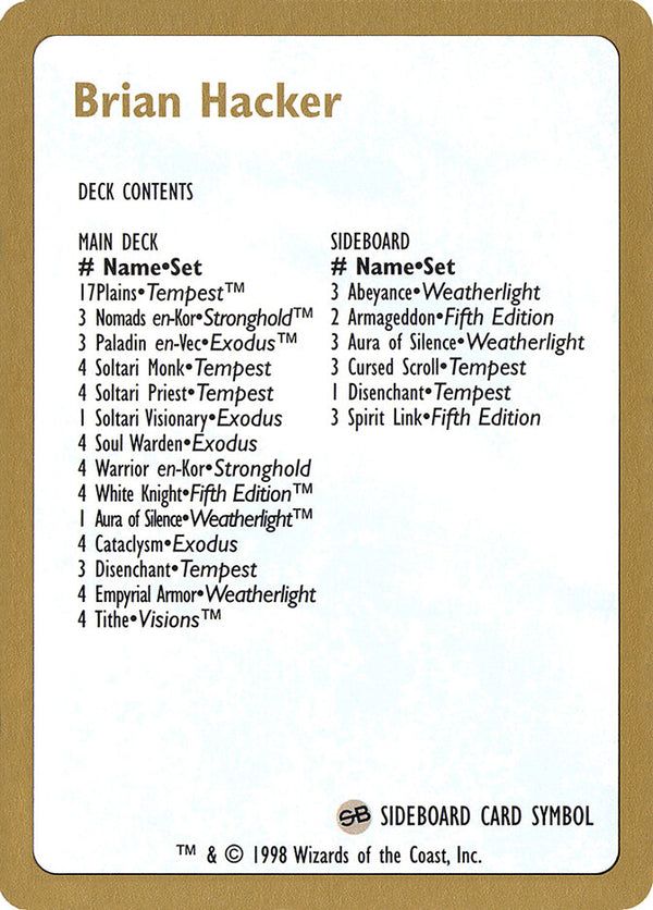 1998 Brian Hacker Decklist Card - Magic: The Gathering