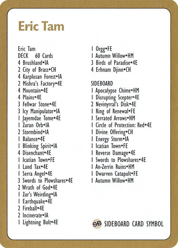 1996 Eric Tam Decklist Card - Magic: The Gathering