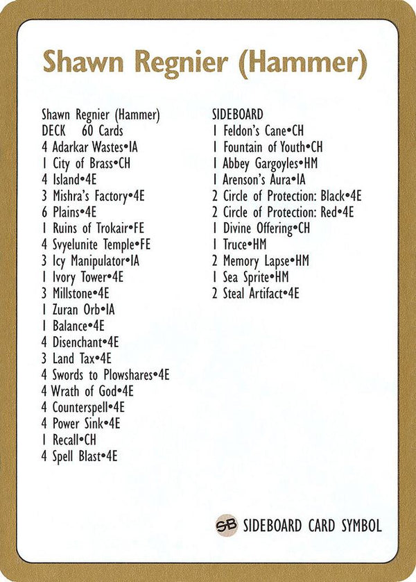 1996 Shawn "Hammer" Regnier Decklist Card - Magic: The Gathering