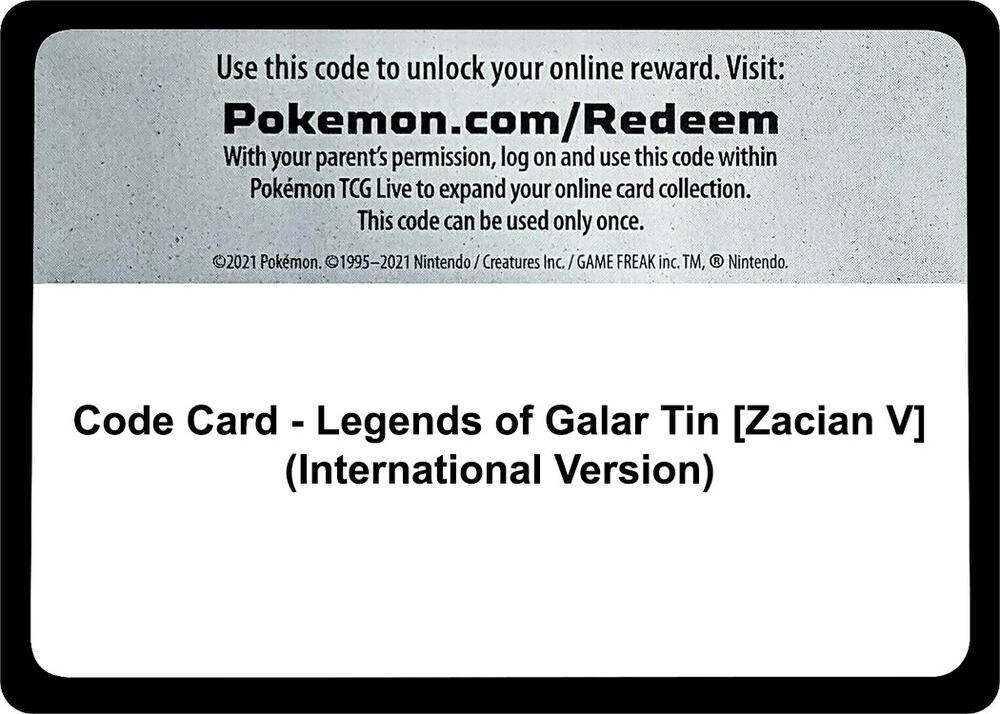Code Card - Legends of Galar Tin [Zacian V] (International Version)