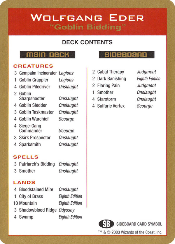 2003 Wolfgang Eder Decklist Card - Magic: The Gathering