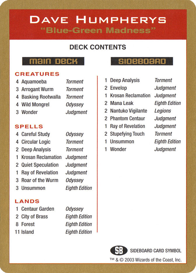 2003 Dave Humpherys Decklist Card