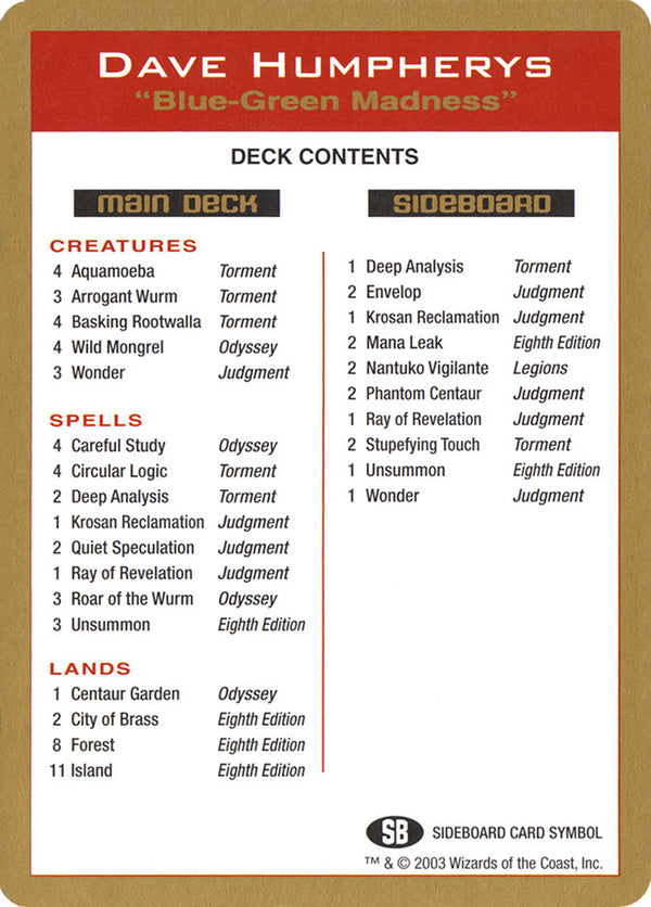 2003 Dave Humpherys Decklist Card - Magic: The Gathering