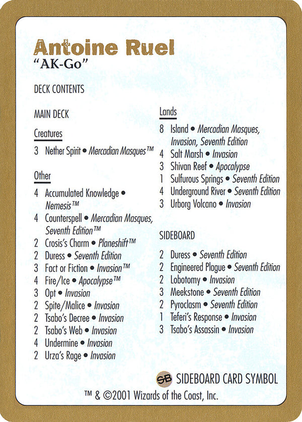 2001 Antoine Ruel Decklist Card - Magic: The Gathering