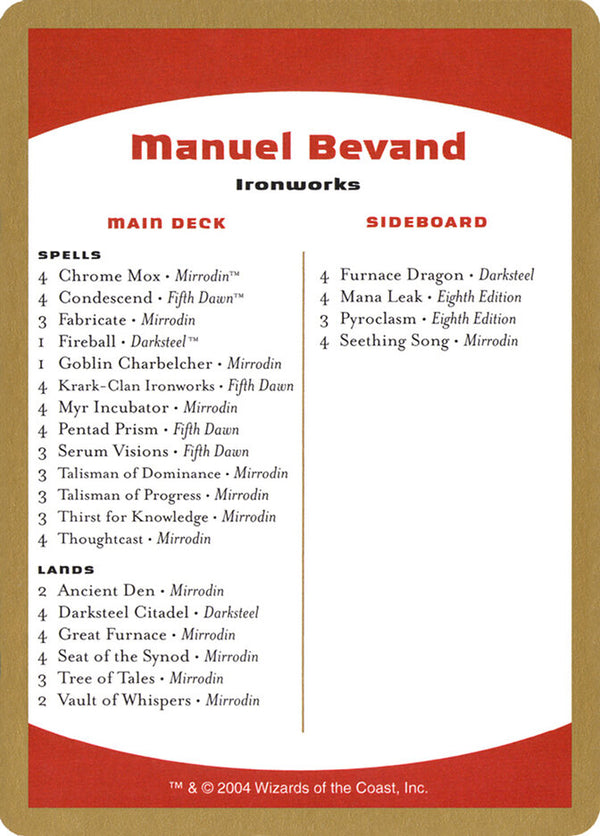 2004 Manuel Bevand Decklist Card - Magic: The Gathering
