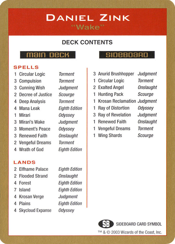 2003 Daniel Zink Decklist Card - Magic: The Gathering