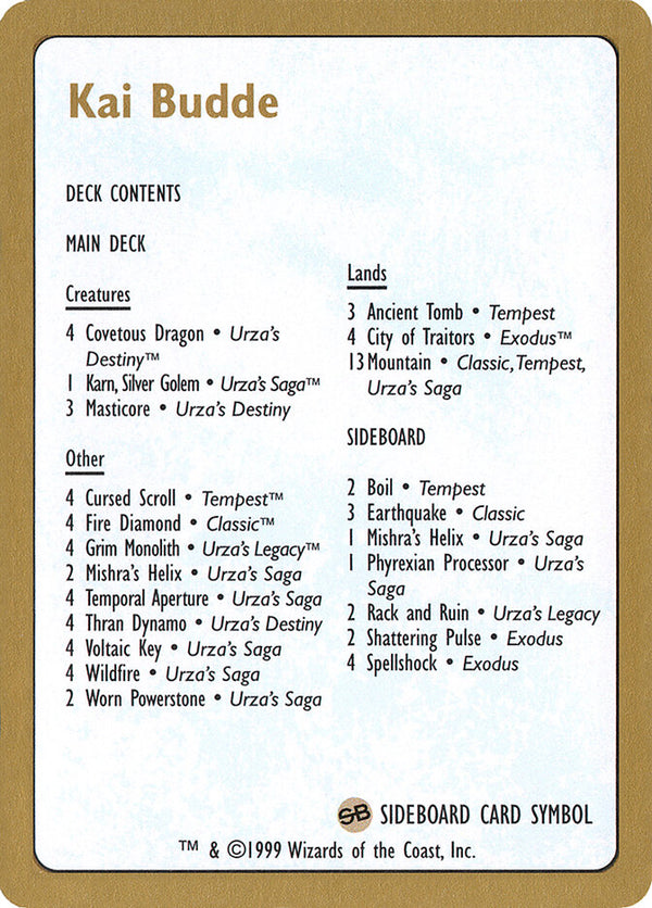 1999 Kai Budde Decklist Card - Magic: The Gathering