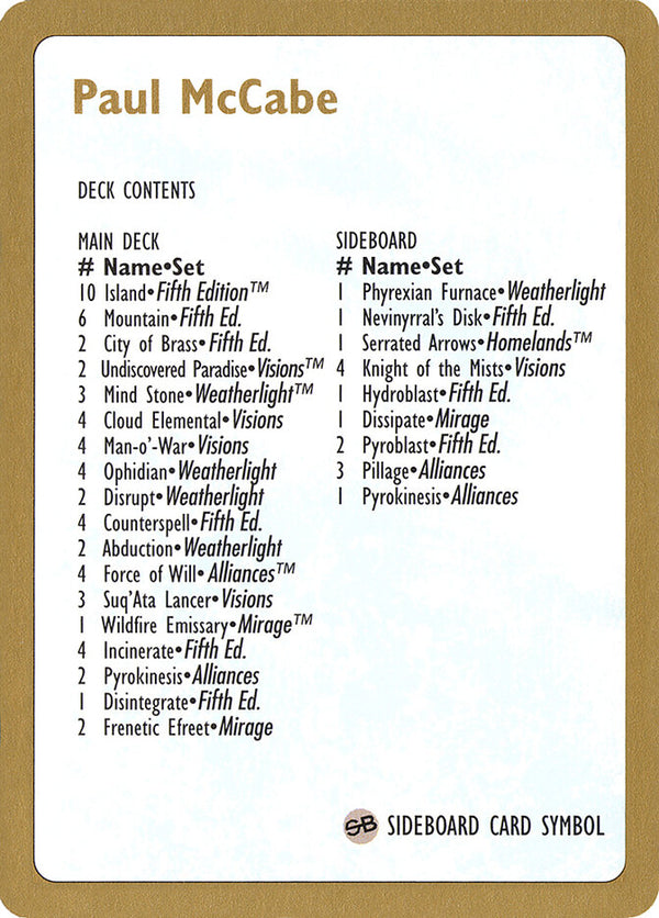 1997 Paul McCabe Decklist Card - Magic: The Gathering