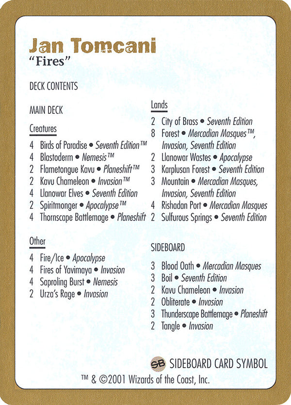 2001 Jan Tomcani Decklist Card - Magic: The Gathering