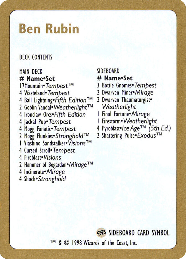 1998 Ben Rubin Decklist Card - Magic: The Gathering